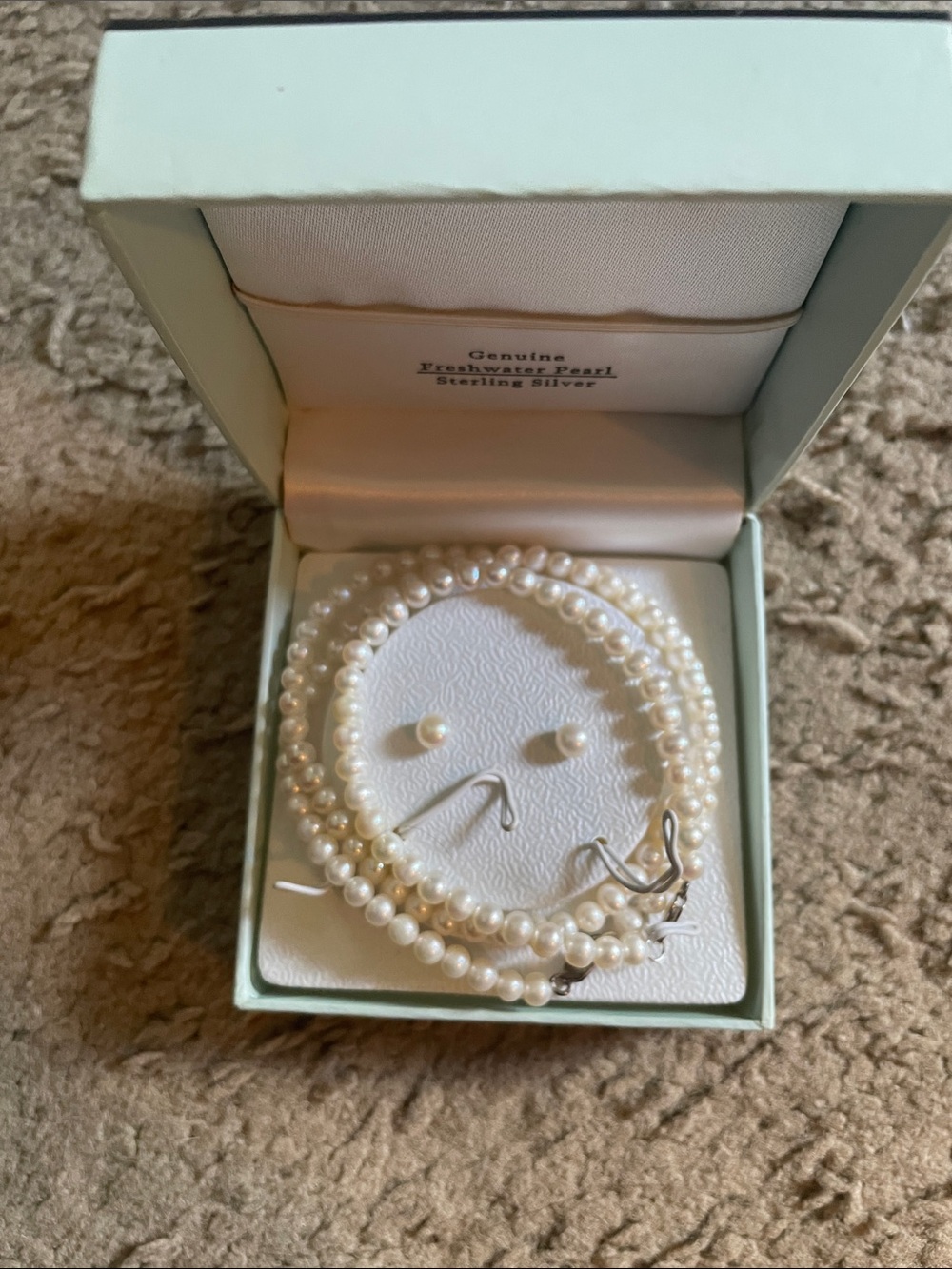 The Essential Pearl bracelet, necklace, and stud earrings with box